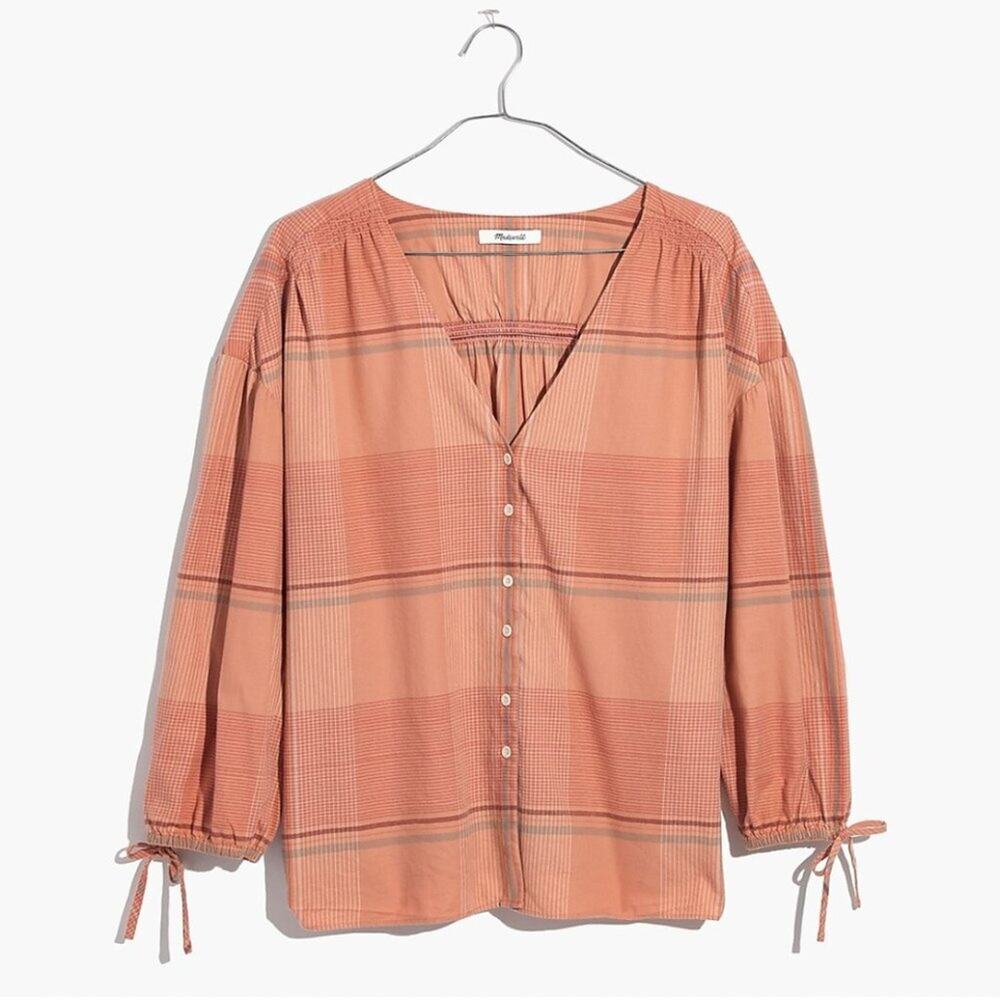 Madewell Morningview Tie-Sleeve Shirt in Peach Plaid